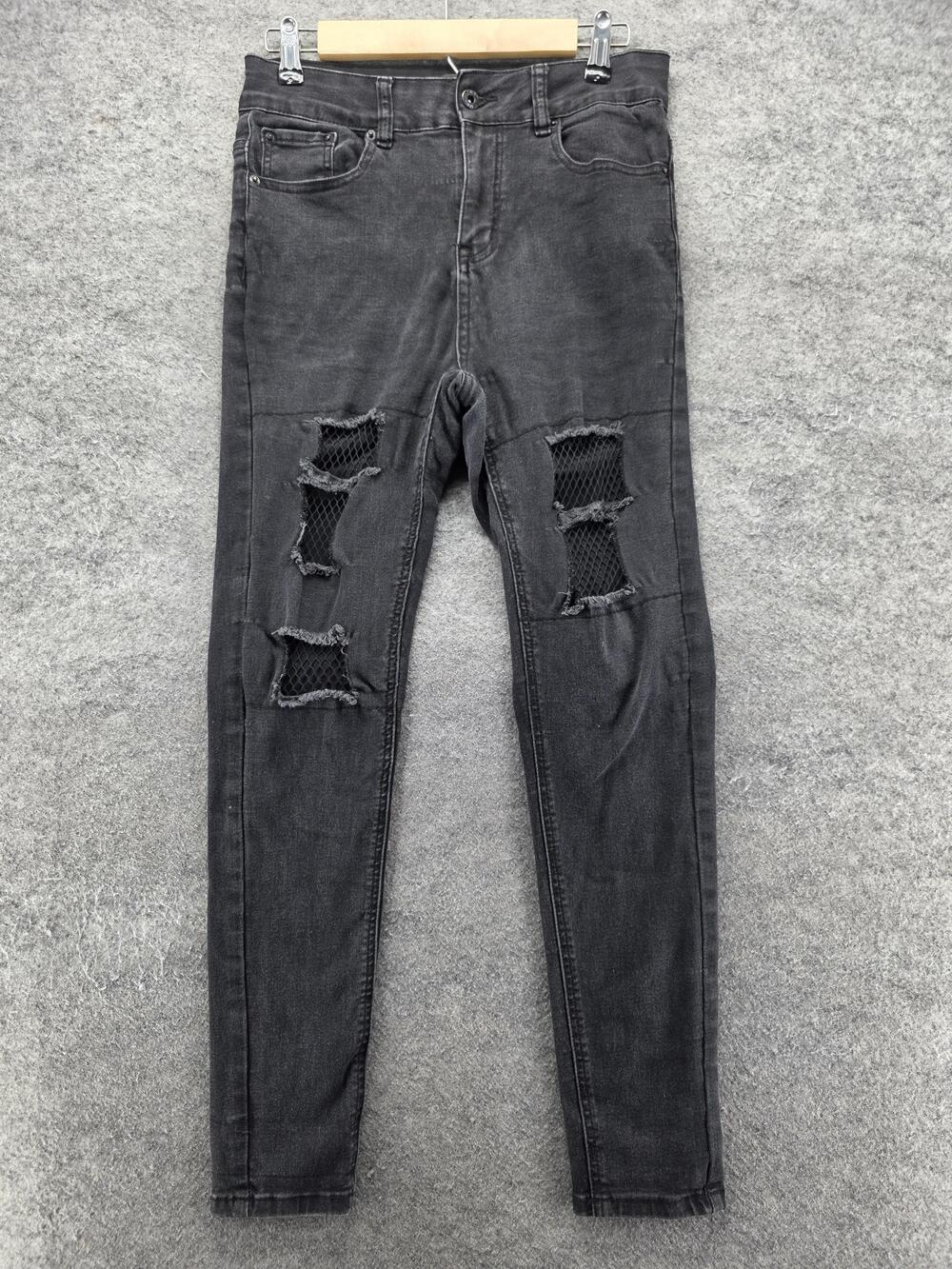 Hot Topic Jeans Teens 9 Gray Charcoal Wash Skinny Distressed Ripped 27 Inseam
